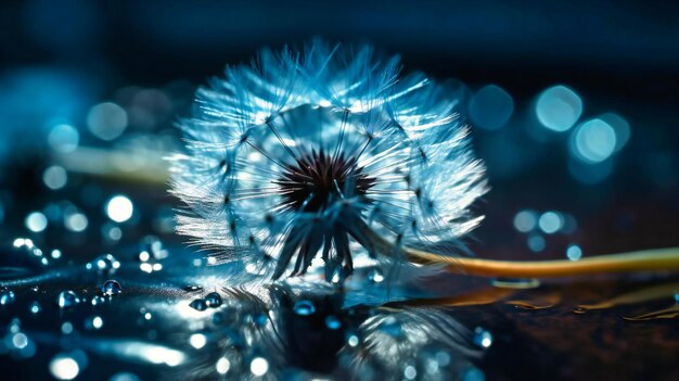 A dandelion with a small flower and water