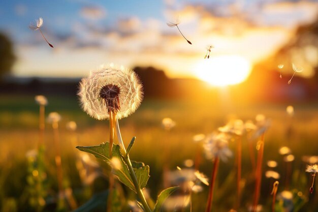 a dandelion with the sun setting behind it