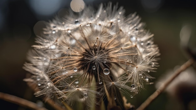 A dandelion with water droplets on it