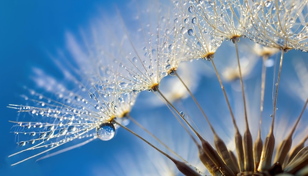 A dandelion with water droplets on it