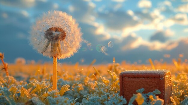 Dandelion zaden blazen in de wind met een leren doos op de voorgrond