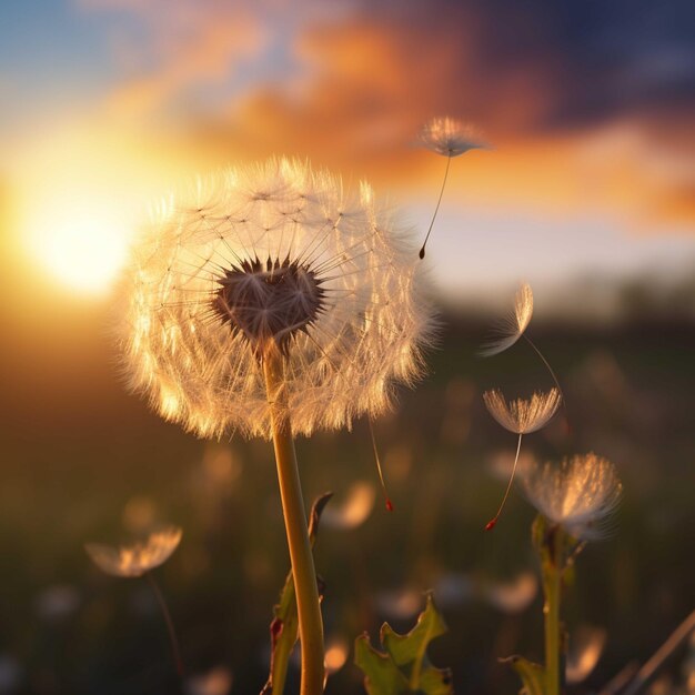 Dandelion zaden op het veld bij zonsondergang Mooie natuur achtergrond