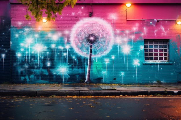 Dandelions against a backdrop of a colorful mural