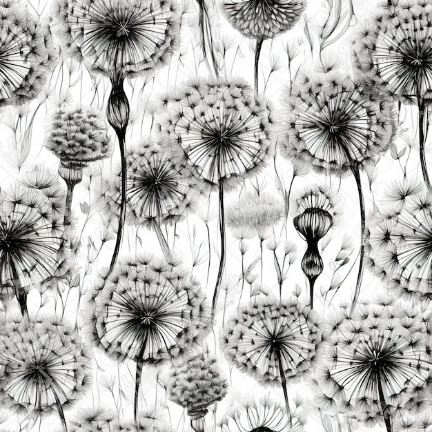 Dandelions are drawn on a white background.