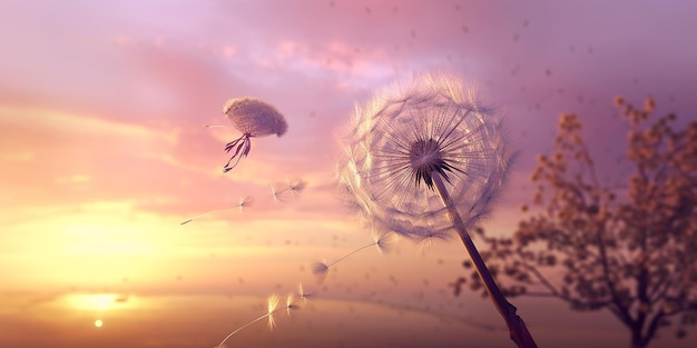 dandelions are flying in the sky and the water is a beautiful sunset