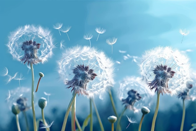 Dandelions blowing in the wind with blue sky in the background.