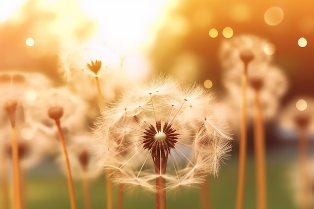 Dandelions blowing in the wind with bokeh background