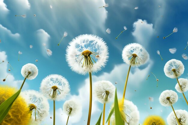 Dandelions blowing in the wind with the sky in the background