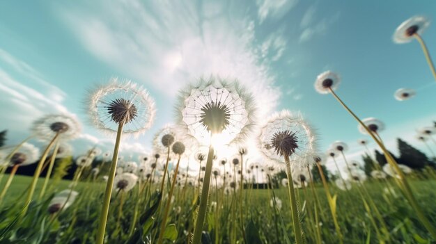 Dandelions blowing in the wind with the sun shining on them