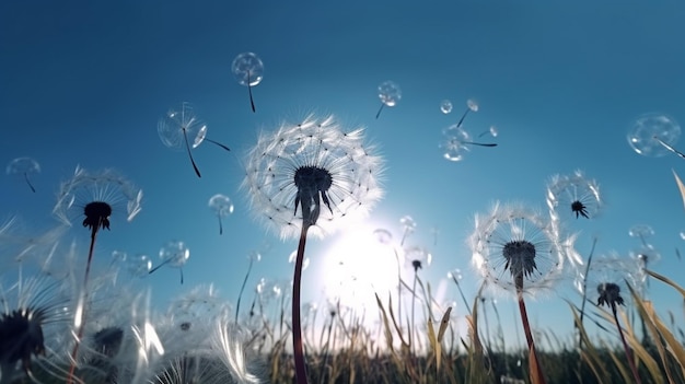 Dandelions blowing in the wind with the sun behind them