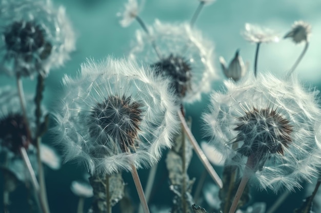 Dandelions on a blue background with the word dandelion on the bottom.