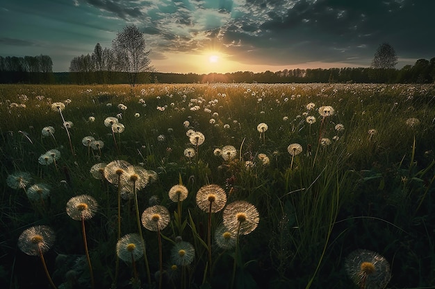 Dandelions in a field with the sun setting behind them