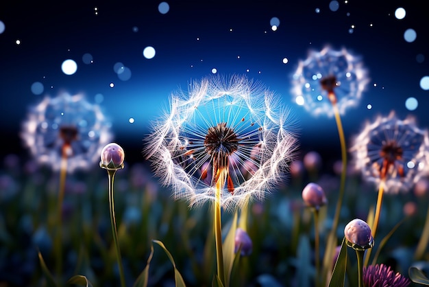 Dandelions in neon blue light