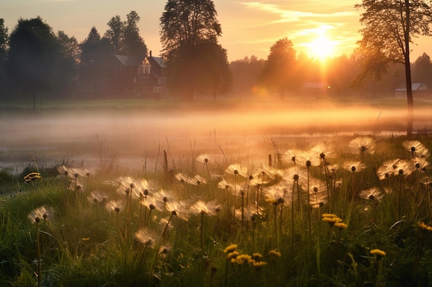 Dandelions and sunrise on a foggy morning