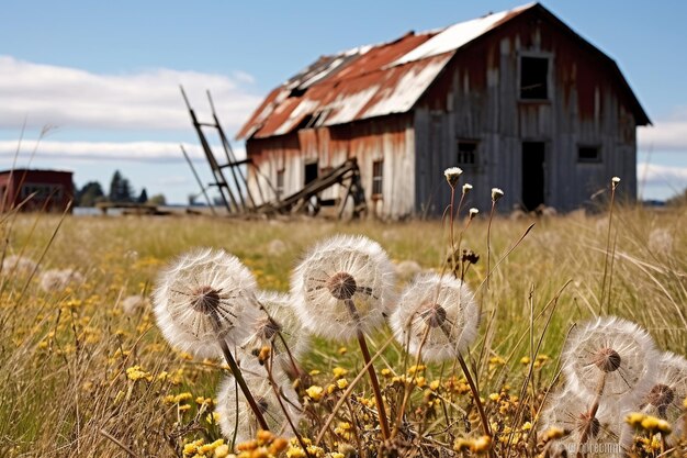 Photo dandelions surrounding an abandoned building