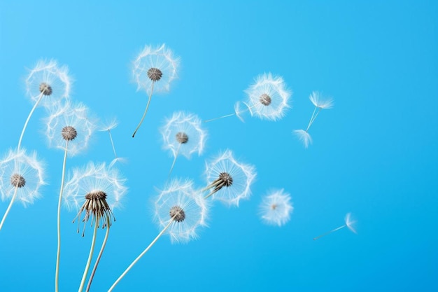 Photo dandilion seeds against a blue background that show it s dainty features