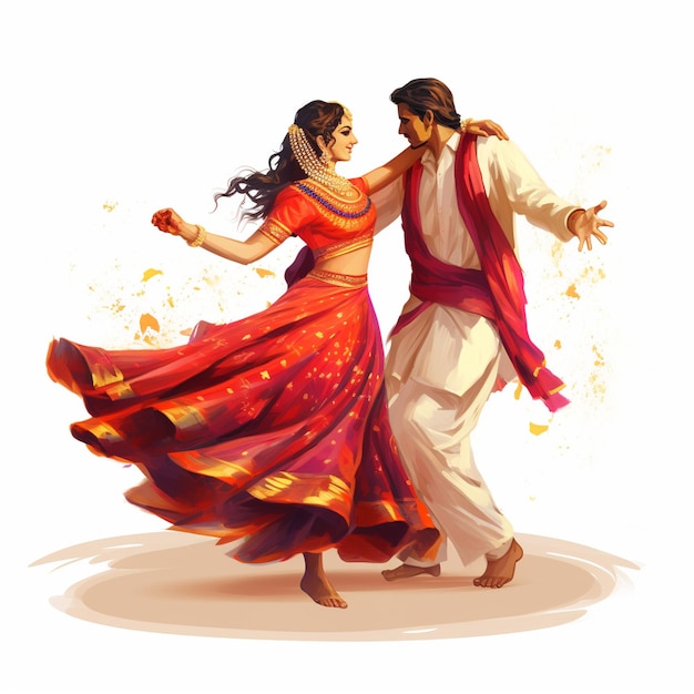 Dandiya Dancing Couple At Navratri Happy Durga Puja