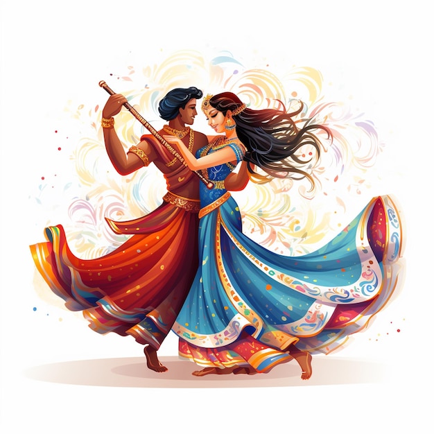 Dandiya Dancing Couple At Navratri Happy Durga Puja