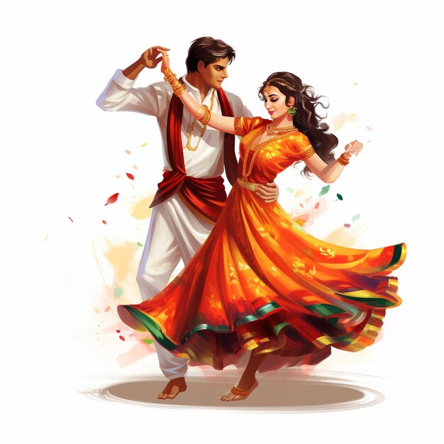 Photo dandiya dancing couple at navratri happy durga puja