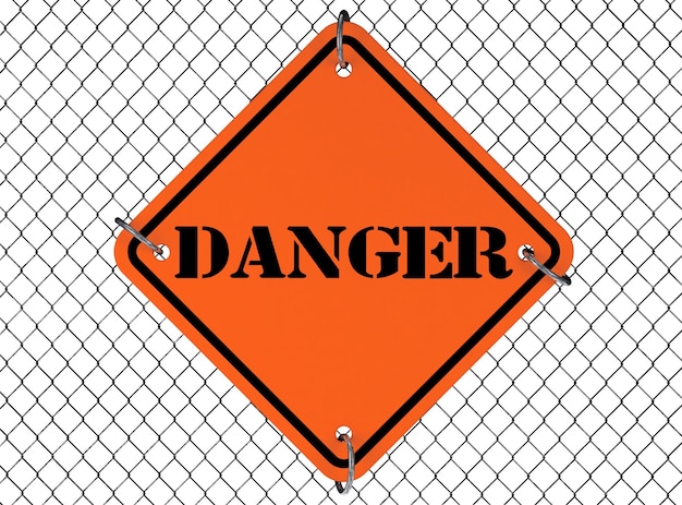 Foto segnale di pericolo con recinzione cablata su sfondo bianco