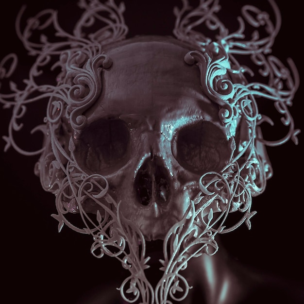 Опасность, белый череп, напечатанный на 3д принтере, принимает формы декора в стиле барокко и флоритуры в виде цветов