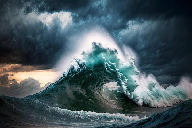 Dangerous approaching storm over sea or ocean with huge wave  made with generative ai