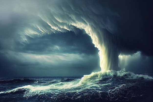 Dangerous approaching storm tornado over sea or ocean natural disaster background with broken wavy f