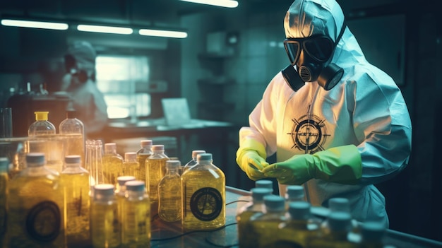 Dangerous biological hazard materials in the laboratory with doctors in protective gear