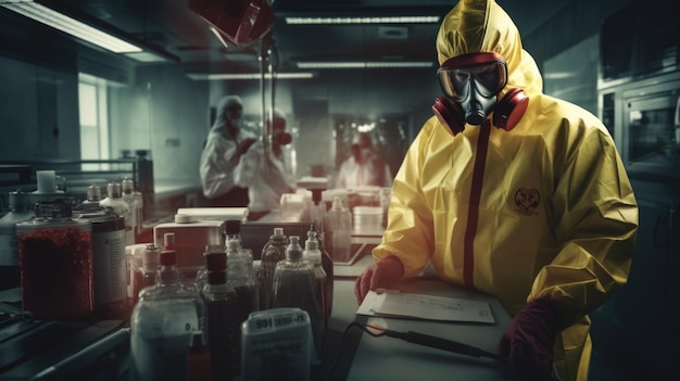 Dangerous biological hazard materials in the laboratory with doctors in yellow protective gear
