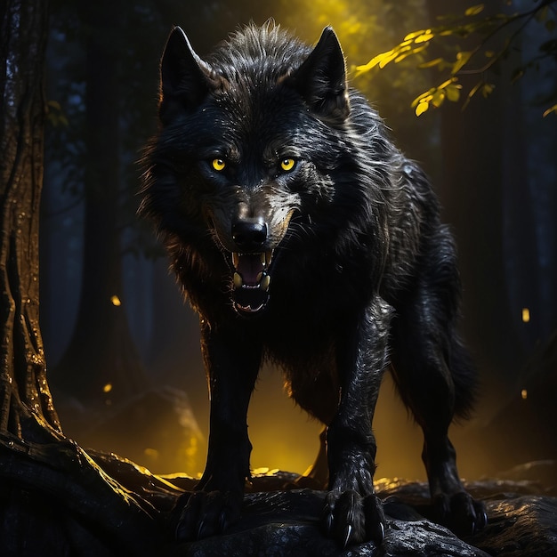 A dangerous black wolf appeared in jungle
