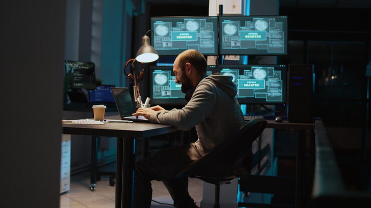 Photo dangerous coder feeling happy about hacking security system, success in stealing big data at office. coding virus to create malware and break into database servers, using multiple monitors.
