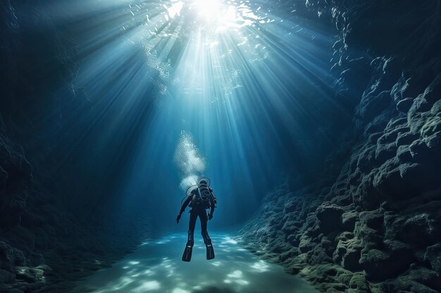 Photo dangerous dive to study the cause of the death of the ship shipwreck investigation diver in front of the sunken hull