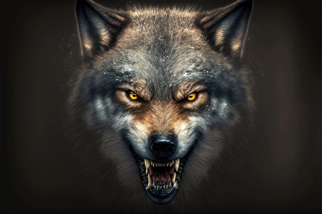 Dangerous evil gray wolf head grinning teeth