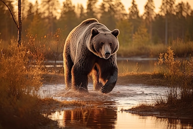 Dangerous Fear Lurking in the Forest Huge Brown European Bear Walking in the Bog at Sunset