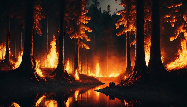 Dangerous fire in the forest burning trees natural disaster