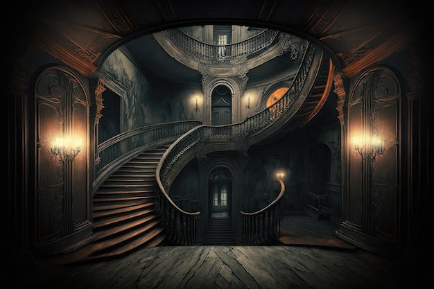 Dangerous horror house with long winding stairs in dark hall