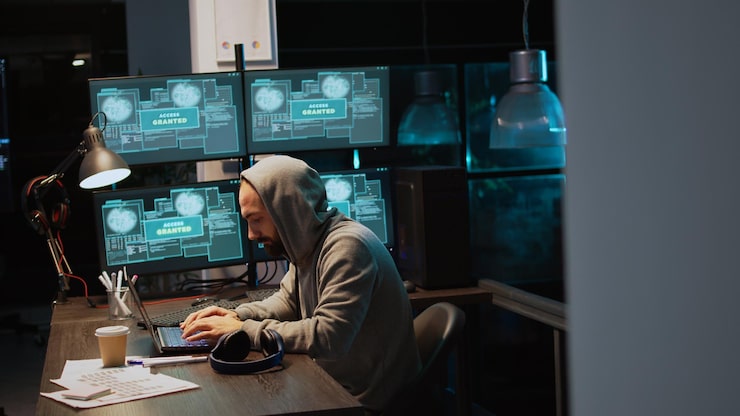 Photo dangerous it coder working on security breach, creating cyber attack on data server. hacking computer system and software, breaking database security and stealing program information. handheld shot.