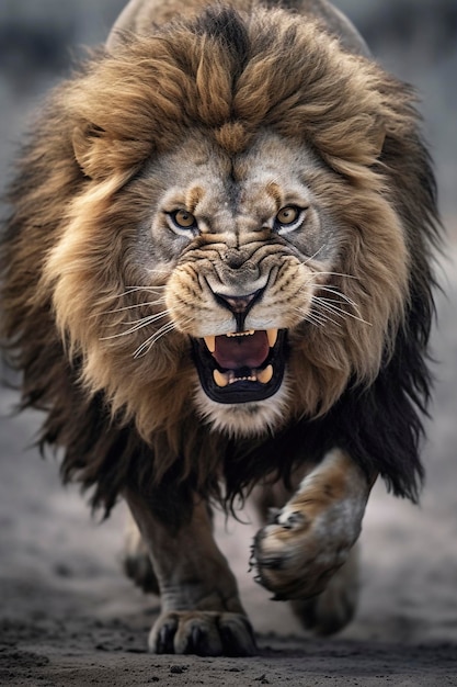 Опасный самец льва движется к камере, созданной с помощью генеративного ИИ