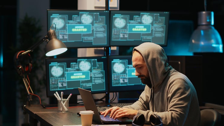 Photo dangerous programmer hacking security system to steal big data, doing cyberattack and ransomware. coding virus to create malware and break into database servers, using multiple monitors.