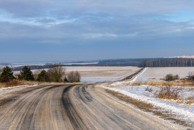 Dangerous road in winter after snowfall