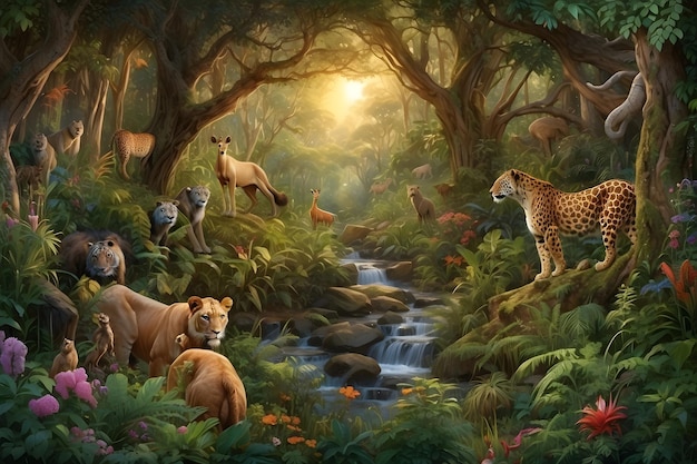 Photo dangerous wildlife day lions and tigers predators in a beautiful jungle rainforest forest scene