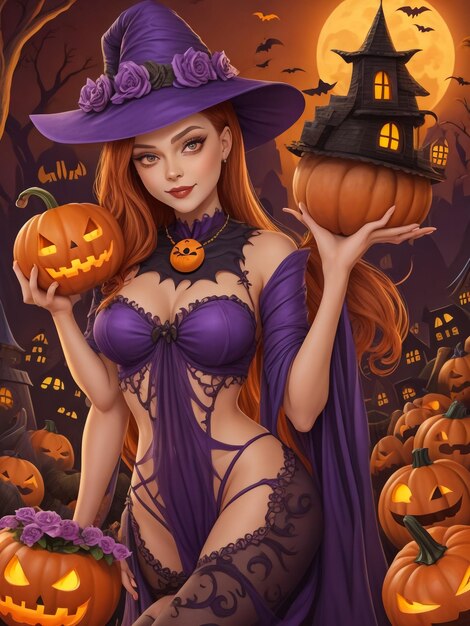 Dangerous woman wearing black costume and halloween makeup holding carved pumpkin isolated over yell