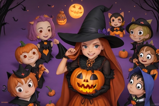 Dangerous woman wearing black costume and halloween makeup holding carved pumpkin isolated over yell