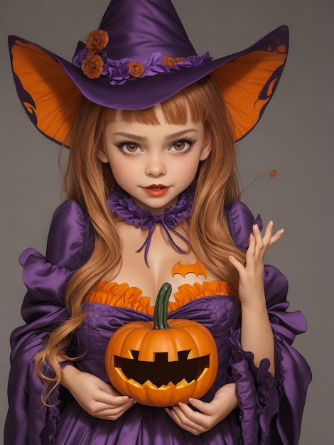 Dangerous woman wearing black costume and halloween makeup holding carved pumpkin isolated over yell