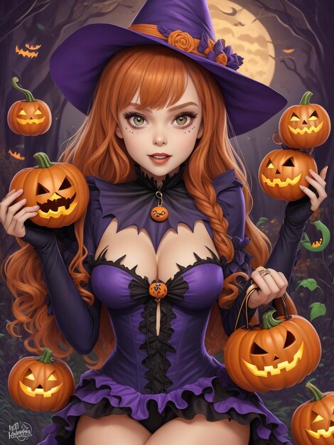 Dangerous woman wearing black costume and halloween makeup holding carved pumpkin isolated over yell