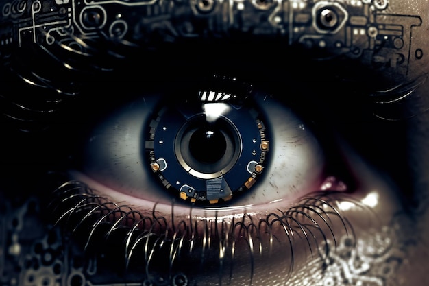 Photo dangers of ai art artificial intelligence is observing you with human like cyborg eye