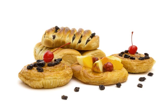 danish pastry with fruits isolated on white background