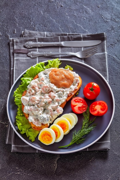Danish smorrebrod with shrimps mayo roe and egg