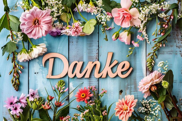 Photo danke card with bright spring summer flowers on blue wooden background gratitude flat lay concept