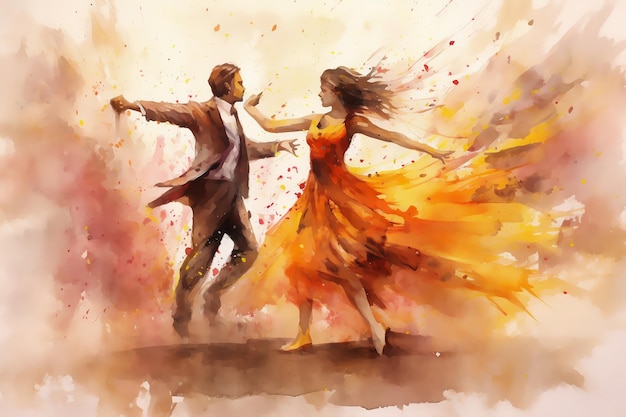 Dansend verliefd paar op abstracte achtergrond in aquarelstijl Kleurrijke illustratie voor posters